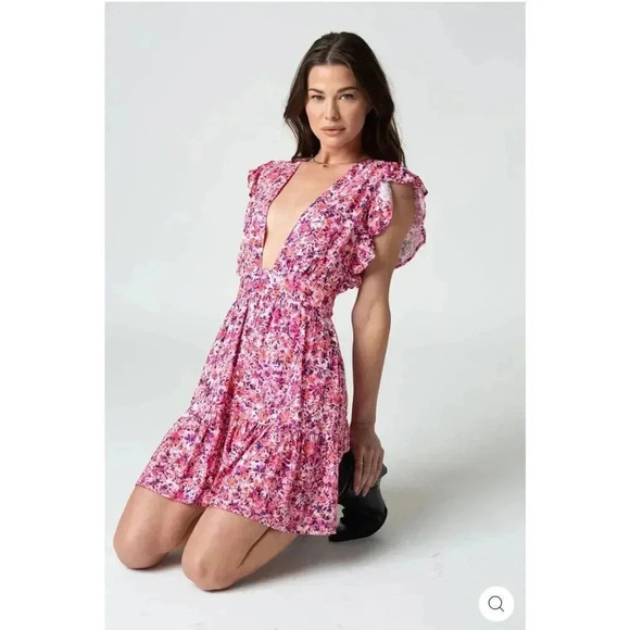 Stillwater The Jessie Mini Dress Floral Pink Purple Deep Plunge Size Medium. - Picture 2 of 8